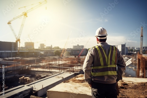 an engineer wearing safety protection hard hat looking towards construction site © DailyLifeImages
