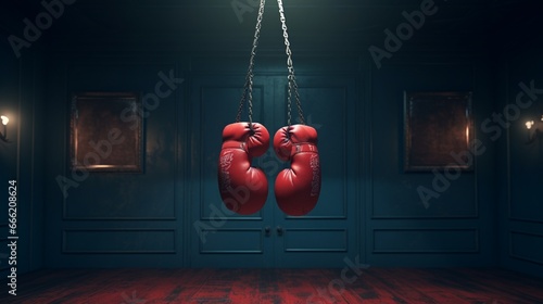 A pair of boxing gloves hanging from a ring corner. © Ai Studio