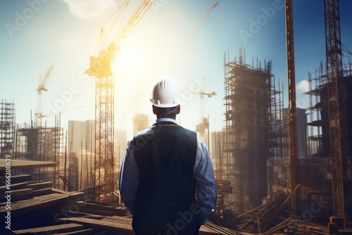 an engineer wearing safety protection hard hat looking towards construction site photo