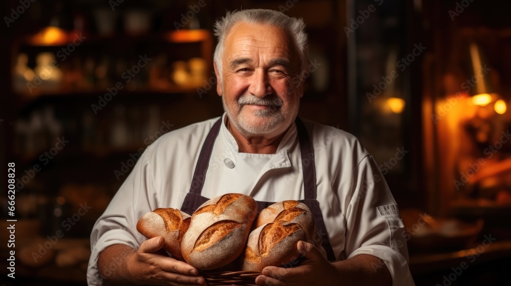 Elderly baker in a white apron holds freshly baked bread in his hands at bakery shop.