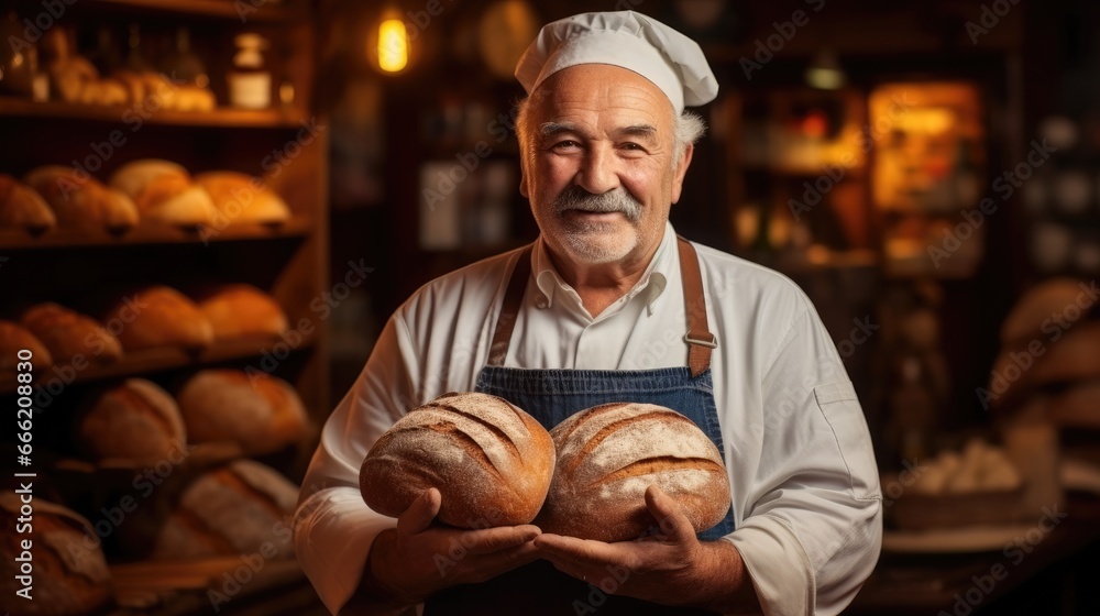 Elderly baker in a white apron holds freshly baked bread in his hands at bakery shop.