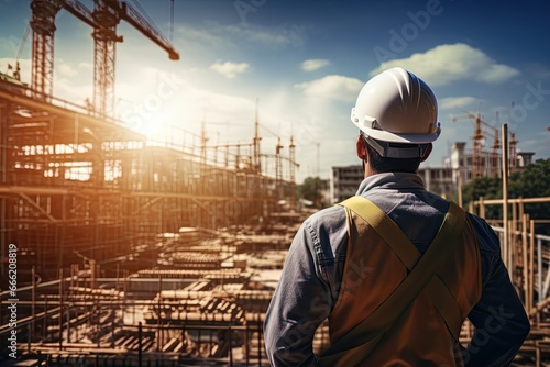 an engineer wearing safety protection hard hat looking towards construction site photo
