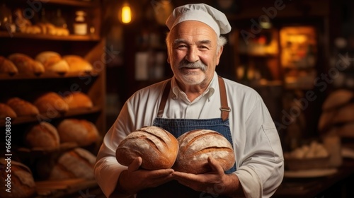 Elderly baker in a white apron holds freshly baked bread in his hands at bakery shop.