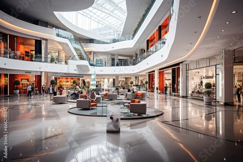 Inside a large shopping center with modern architecture