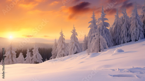 A stunning, orange winter landscape with snow-whitened peaks illuminated by the sun creates a captivating tableau.