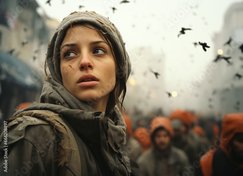 a war scene with lot of residential destroyed buildings and young beautiful palestinian woman surrounded by a lot of destroyed buildings in Gaza standing in camera looking up at her.a lot of detroyed. photo