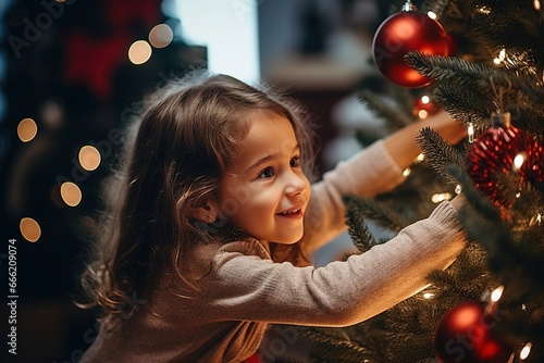A little smiling girl decorates the Christmas tree