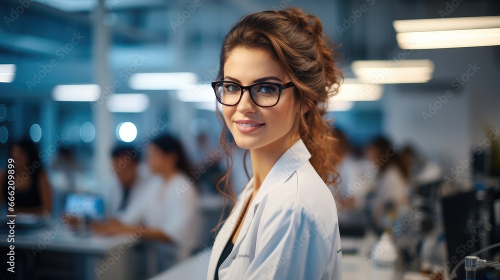 Beautiful woman scientist working in modern Medical Science Laboratory with Team of Specialists on background. Beautiful woman scientist working in modern Medical Science Laboratory with Team of Specialists on background.