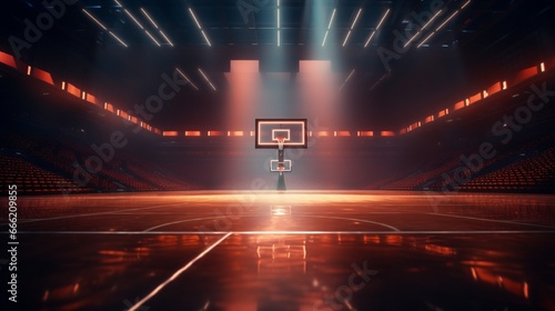 A professional basketball court, bathed in arena lights, awaiting the next thrilling game. photo