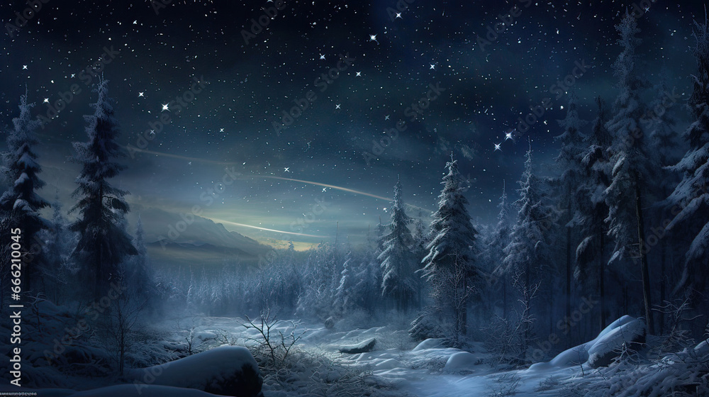 night in the woods in winter - obrazy, fototapety, plakaty 
