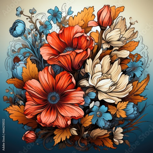 Flower bouquet 3d pattern. Beautiful flowers 3d wallpaper. Bright floral pattern drawing with paints. Floral bouquet background. Ornament of bright flowers. Generative ai.