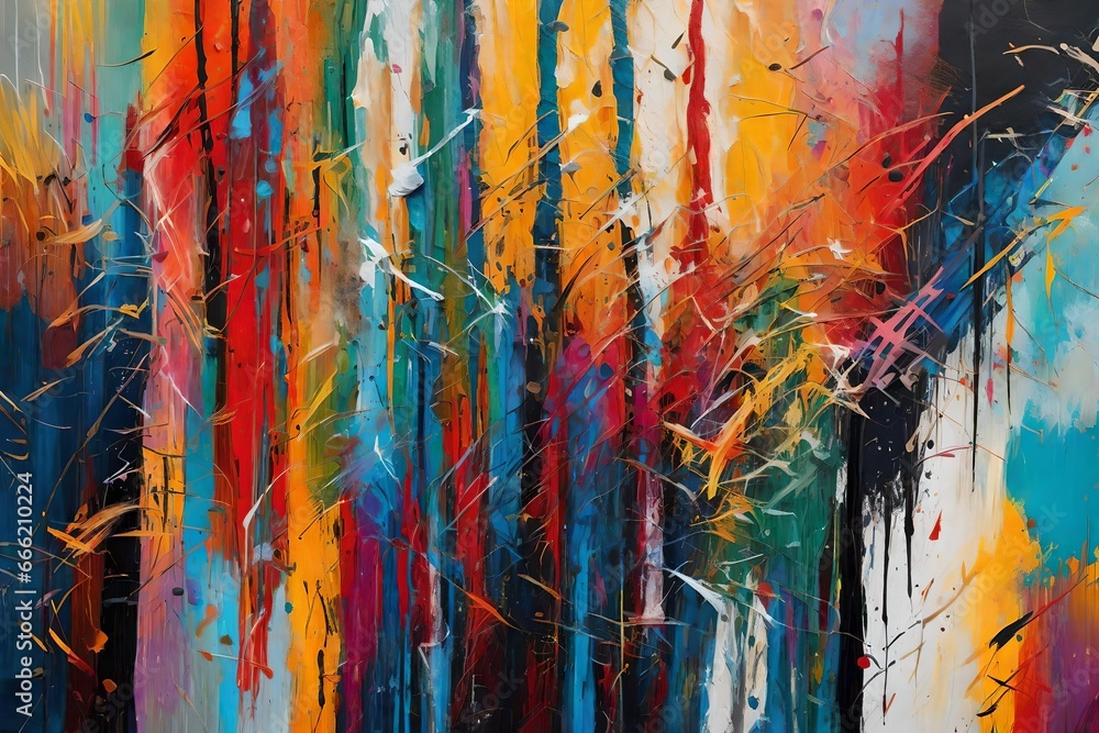 Closeup of a vibrant, abstract art painting with bold, multicolored brushstrokes on canvas.