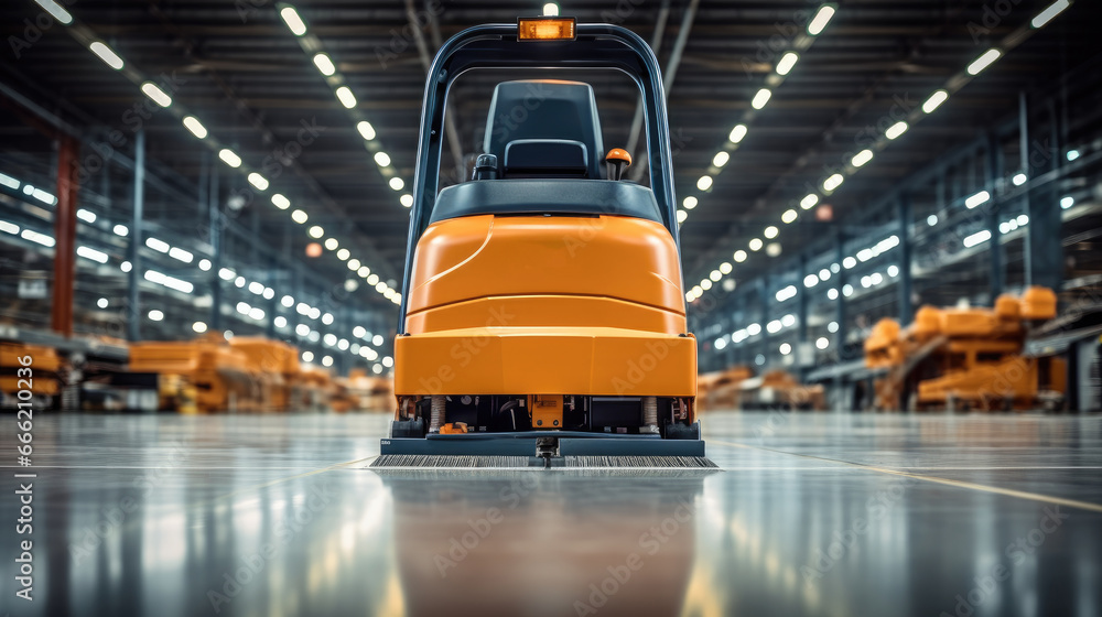 Commercial Floor Cleaner at Warehouse, Intelligent warehouse industrial, Modern high tech innovative warehouse logistics displayed. - obrazy, fototapety, plakaty 