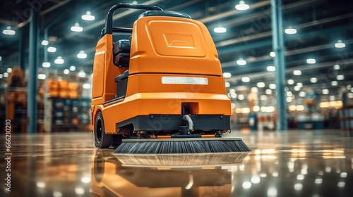 Commercial Floor Cleaner at Warehouse, Intelligent warehouse industrial, Modern high tech innovative warehouse logistics displayed. photo
