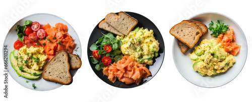 set of breakfast plates, scrambled eggs, spinach and sandwich 