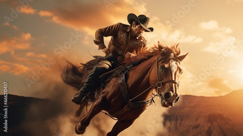 A rodeo cowboy on a bucking bronco, defying gravity as they hold on tight. © Ai Studio