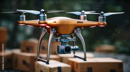 Drone delivering a box, Representing e-commerce networking.