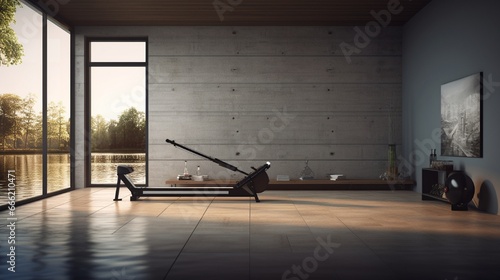 A rowing machine displayed prominently in a minimalist gym.
