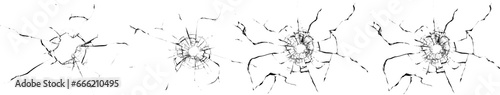 Big collection of cracks of broken glass on black background. Concept of shots on the window for design
