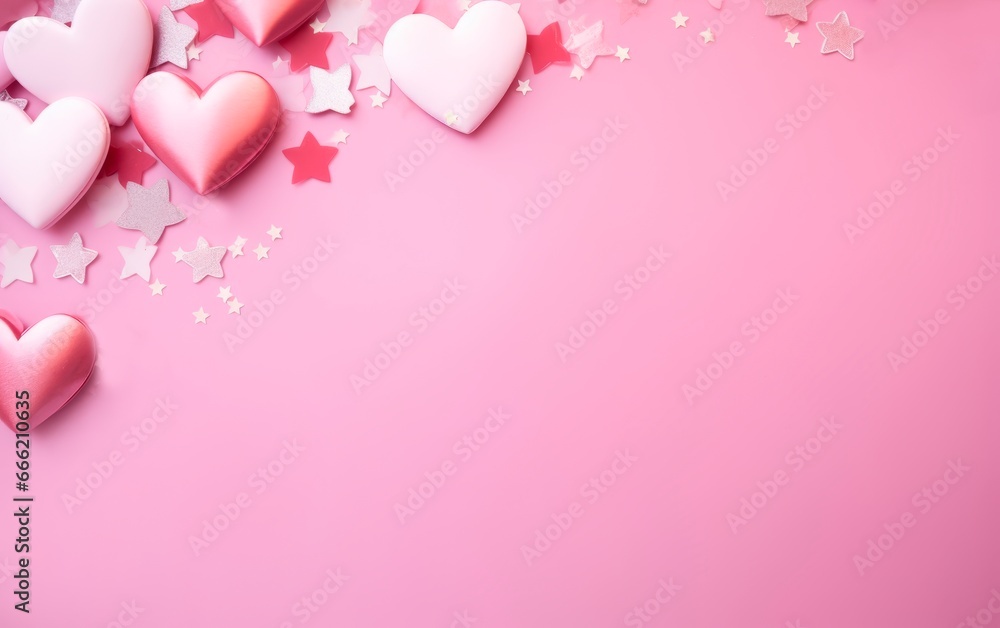 Pink background with hearts and stars. Baby shower Valentine's or birthday invitation, party. copy space for text