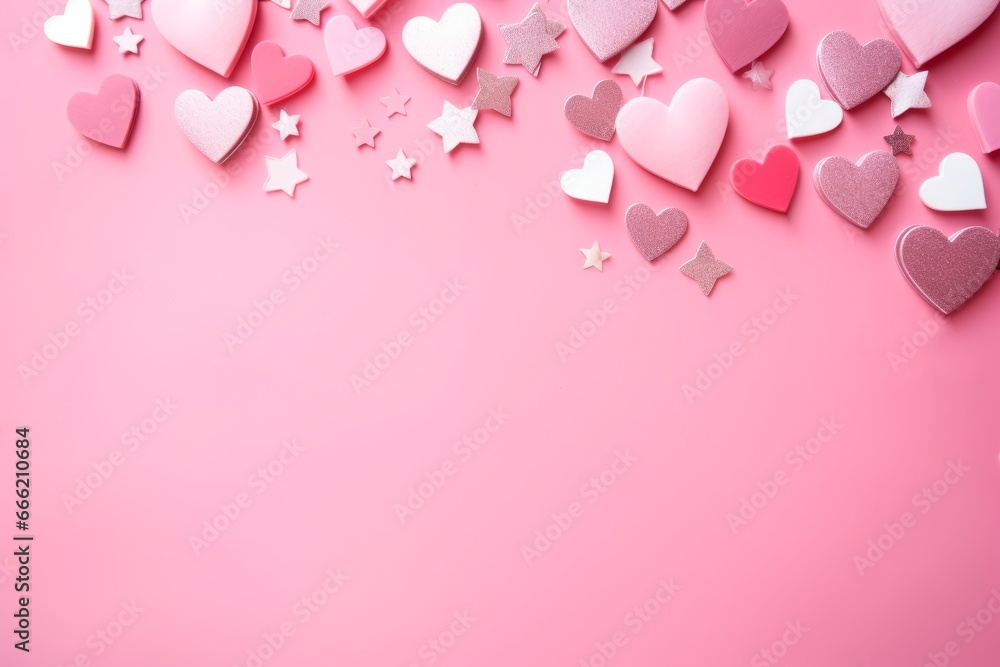Pink background with hearts and stars. Baby shower Valentine' or birthday invitation, party. copy space for text