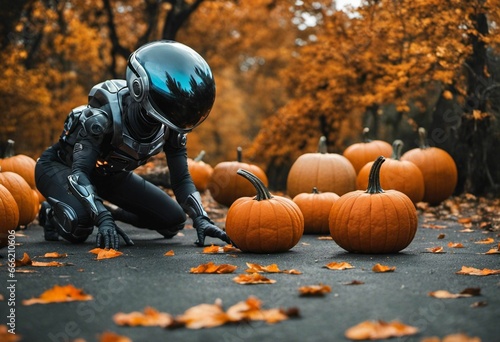 AI-generated illustration of an Alien with pumpkins for Halloween with a dark background photo