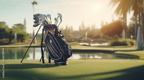 A set of golf clubs in a bag next to a water hazard on a course. photo