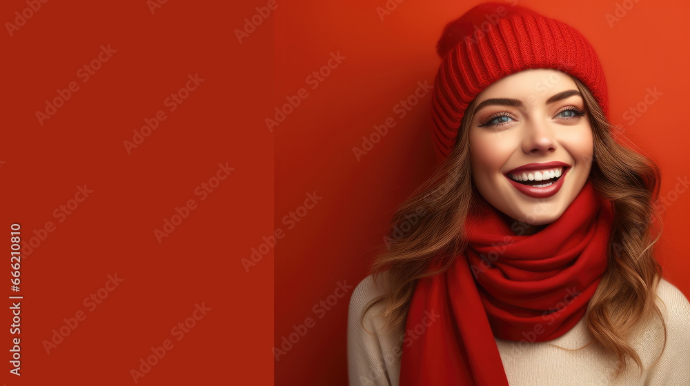 Happy beautiful woman standing on a red Background. Happy beautiful woman standing on a red Background.