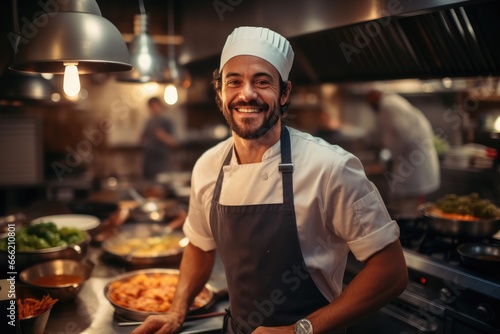 Happy chef working in a kitchen at a restaurant.