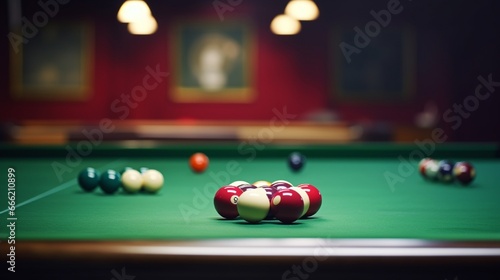 A snooker table set for a decisive shot, balls strategically placed for a masterful break. photo