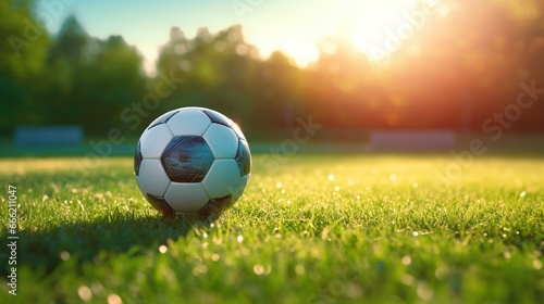 A soccer ball nestled in fresh, green grass with the evening sun casting long shadows. © Ai Studio