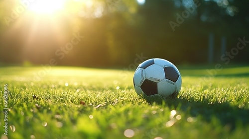 A soccer ball nestled in fresh, green grass with the evening sun casting long shadows. © Ai Studio