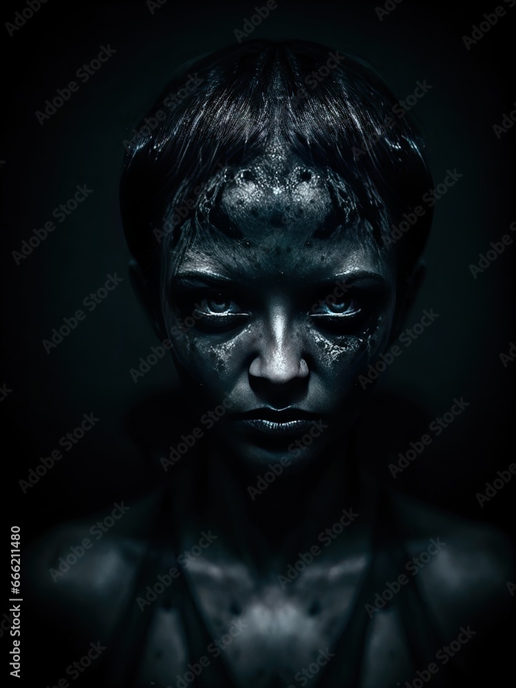 a woman with black paint on her face and body is shown in the dark. generative ai a woman with black paint on her face and body is shown in the dark. generative ai