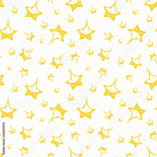 Pattern continuous repeating pattern, stars New Year's toys yellow on a white background. New Year, Christmas, packaging, wrapper.