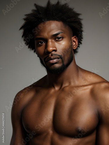  a black man with a beard and no shirt posing for a picture. generative ai