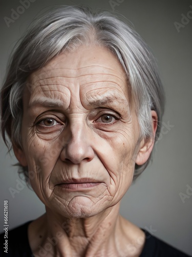  an old woman with grey hair and a black shirt is looking at the camera. generative ai