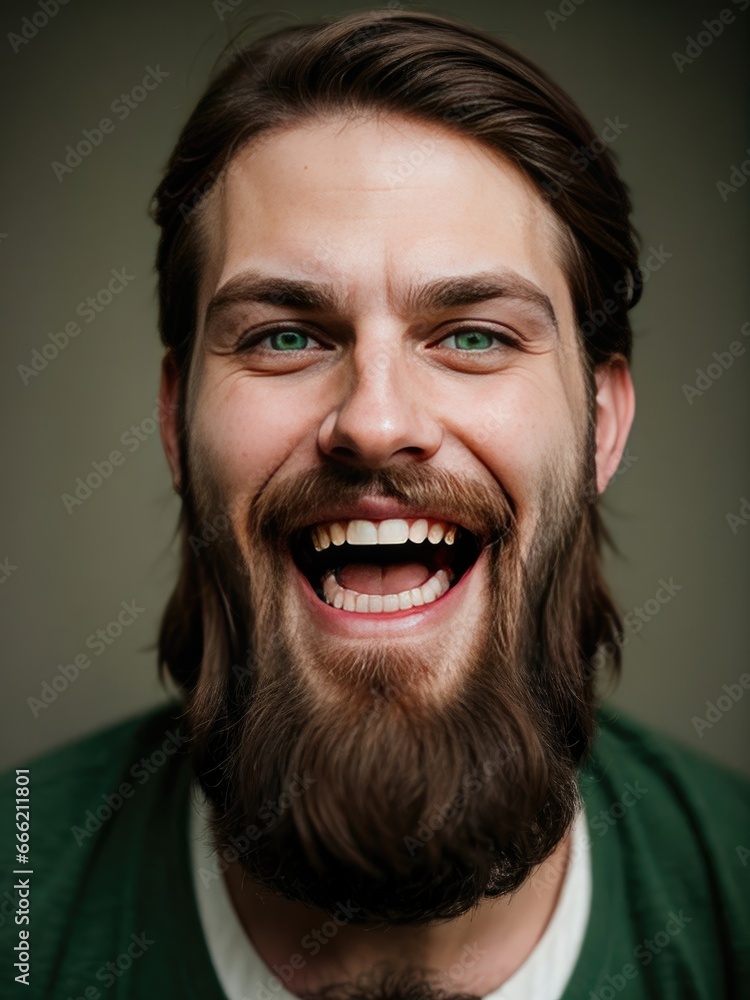  a man with a beard and a green sweater smiles at the camera.  generative ai