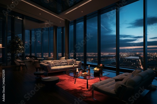 Perspective on dimly lit lounge area featuring panoramic windows. Generative AI © Maximilian
