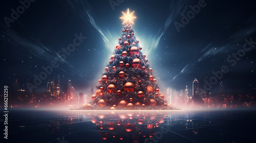 Christmas tree in city. Snowy city and Christmas tree illumination, neon red yellow blurred street light, buidings silhouette abstract banner painting photo