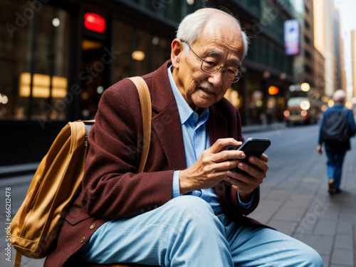 Älterer Mann schaut in der Stadt auf sein Handy . Technik im Alter . KI Generated