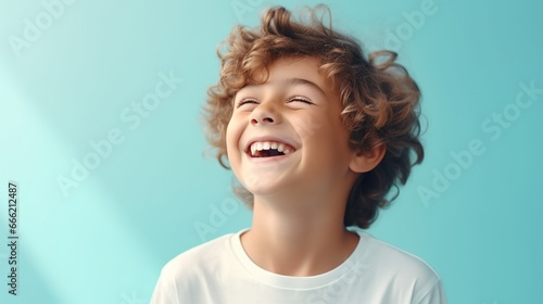 Cute Laughing Boy isolated on the Minimalist Pastel Color Background
 photo