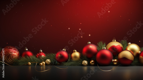 Christmas garland lies on a horizontal surface, multi-colored balls in fir branches with decorations, in red and gold tones. Christmas banner, New Year wallpaper for computer.