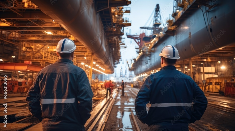Naklejka premium Engineer working and inspected the structure big ship under construction in shipyard.