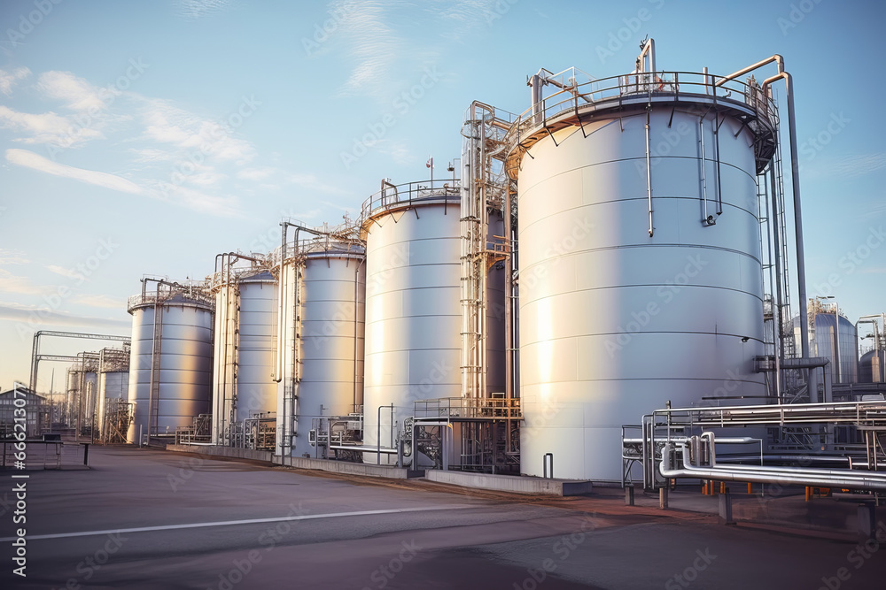 Storage Tanks with pipeline system in Industrial area. Equipment for storing chemical, oil, gas or grain products outdoors Storage Tanks with pipeline system in Industrial area. Equipment for storing chemical, oil, gas or grain products outdoors