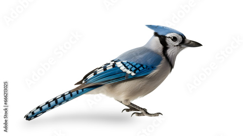 side view of a profile of a beautiful bluejay bird, The bird feathers transition from light to dark blue, isolated on transparent background.