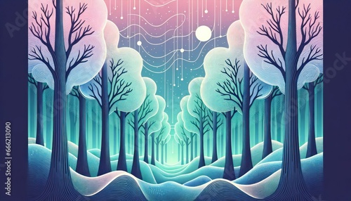 Tranquil forest illustration with neon lights forming ethereal patterns amidst trees, complemented by a pastel gradient sky, resonating with Psychic Waves.