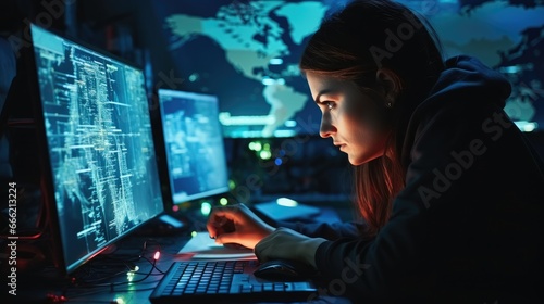 Woman and computer in dark room for virtual malware hacking, Cybersecurity, Attacking the internet with multiple monitor.