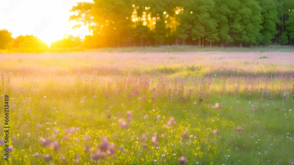 Beautiful meadow with wildflowers at sunset in summer.