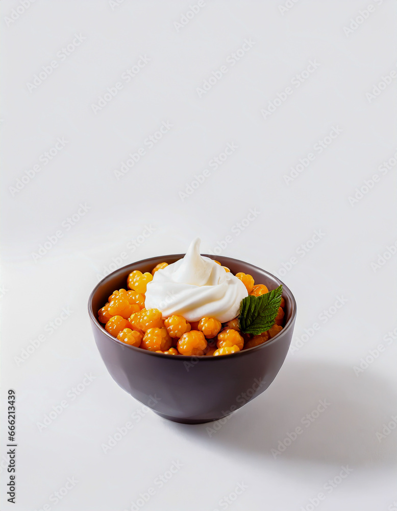 Cloudberries with cream and a green leaf in a bowl. Isolated. Copy space Cloudberries with cream and a green leaf in a bowl. Isolated. Copy space