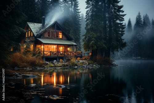 Cozy lakeside cabin surrounded by foggy coniferous forest, illuminated by warm window light in the cold night. Generative AI